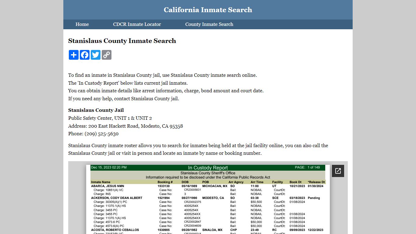 Stanislaus County Inmate Search